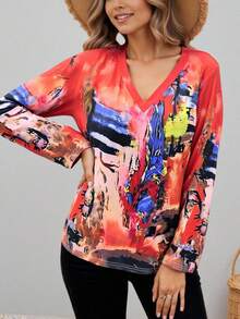 Women's Fashionable Tie-Dye Print Long Sleeve T-Shirt, Spring/Autumn - Orange - View 3