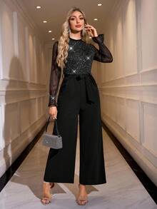 Gownix 休闲时尚腰部收紧长袖阔腿女式连体裤 - 黑色 - 查看 3