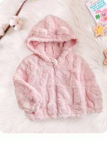SHEIN Babygirl 毛绒粉色心形图案休闲百搭夹克，秋冬 - 粉色 - 查看 1
