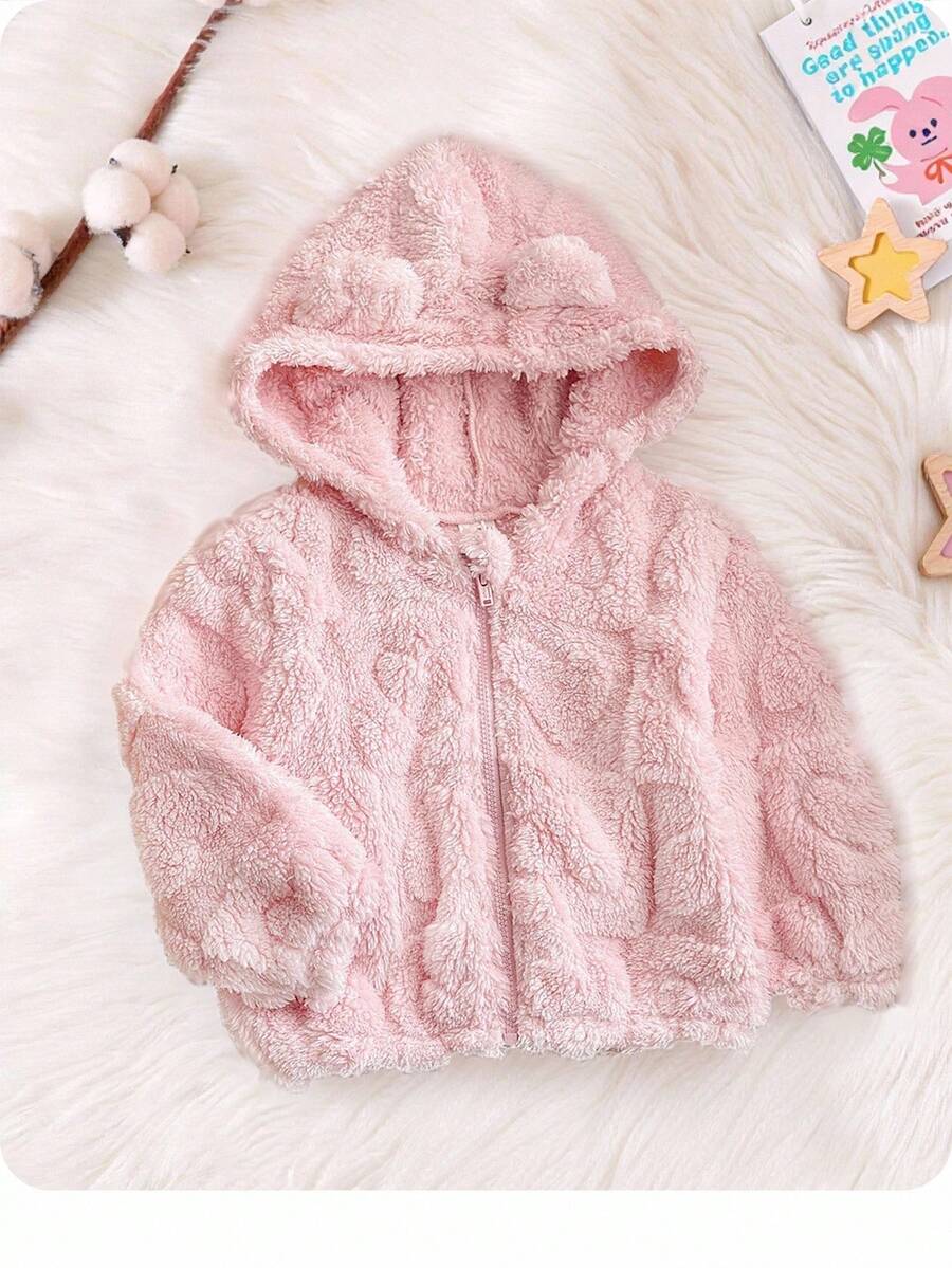 SHEIN Babygirl 毛绒粉色心形图案休闲百搭夹克，秋冬 - 粉色 - 查看 1