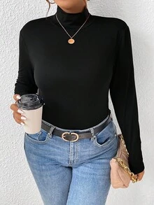 EMERY ROSE 2 piezas Camiseta de manga larga con cuello alto de talla grande, estilo minimalista casual con estampado de leopardo y unicolor, para otoño/invierno - Multicolor - Ver 2