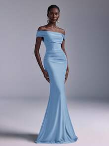 Elitara Elegant Ruched Off-Shoulder Mermaid Dress, Suitable For Weddings, Parties, Vacations, Prom, Bridesmaid (Adult) - Dusty Blue - View 5
