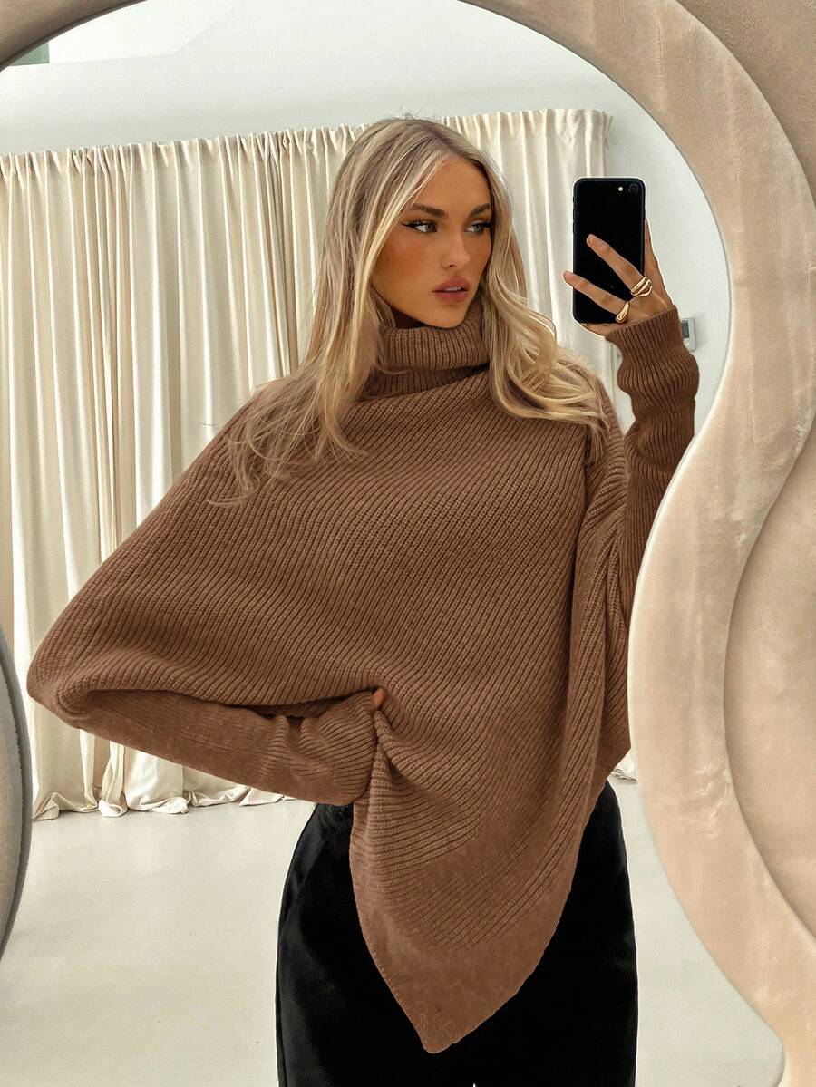 Aloruh Turtleneck Batwing Sleeve Sweater,Fall - Camel - View 1