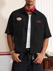 SWAVVY 男士休闲字母刺绣实用短袖衬衫，夏季 - 黑色 - 查看 3