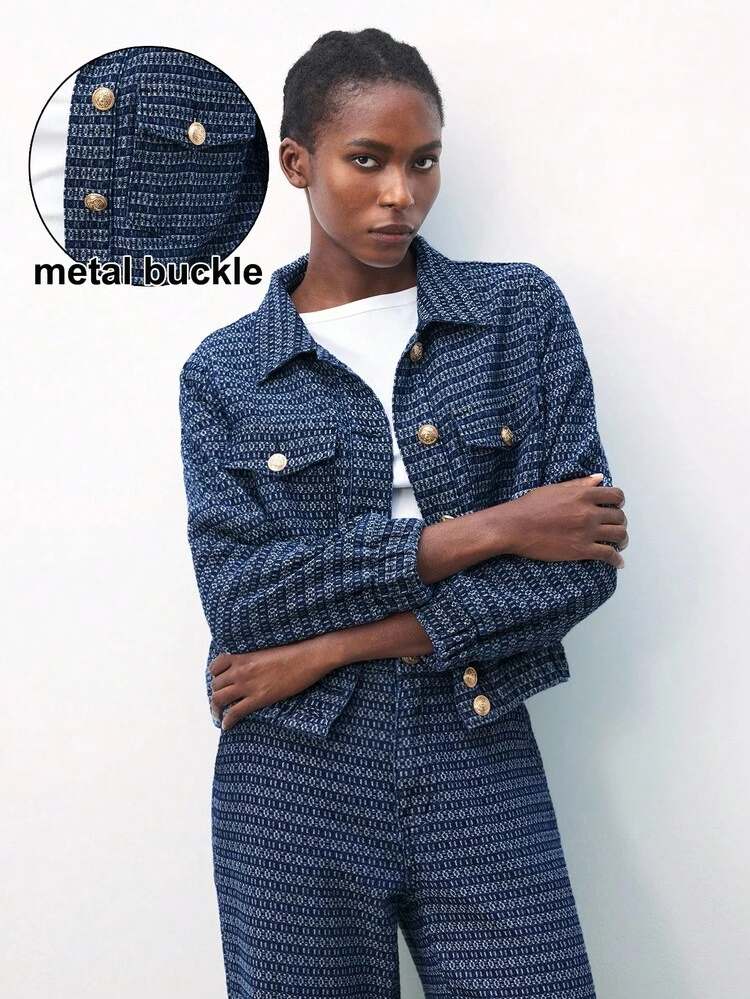 SHEIN Maija レディース 長袖 シングルブレスト ファッションデザイン 多用途 デニムジャケット