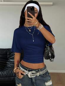 Coolane Damskie letnie, minimalistyczne, codzienne ubrania w stylu Y2K, na co dzień, na co dzień, do szkoły, rozciągliwe, białe, luźne, marszczone, skrócone koszulki