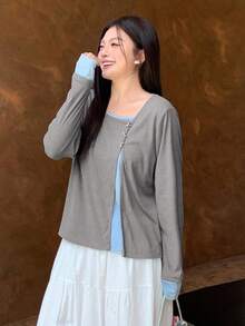 Dazy Plus 大码女款撞色蝴蝶结装饰二合一时尚长袖T恤