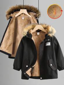 SHEIN 一件男童休闲纯色保暖长款带帽羽绒服，带口袋和人造毛皮饰边，适合返校、生日、新生儿派对、节日聚会、秋冬季穿着。 - 藏蓝色 - 查看 5