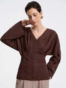 Aalyst Women's Elegant Linen V-Neck Blouse With Ruched Details, Relaxed Fit, Suitable For Casual, Work, And Vacation, Spring/Autumn - Brown - View 3