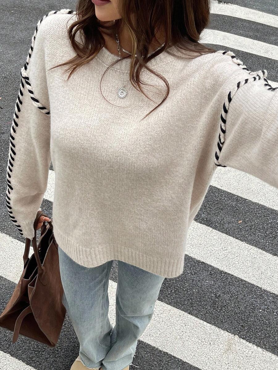 DAZY Women's Loose Fit Contrast Color Round Neck Drop Shoulder Oversized Knit Pullover Sweater, Autumn School - Khaki - View 1