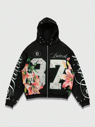 Street Life Herren Streetwear Floral Buchstaben Muster Reißverschluss Vorne Lässiger Kapuzenpullover, Herbst Winter