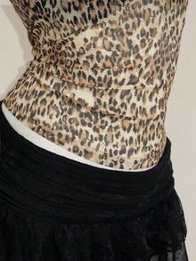 SHEIN ICON Áo hai dây họa tiết da báo dành cho nữ, kết hợp với áo ngực dây mảnh ren đen, bộ 2 món - Nhiều màu - Xem 10