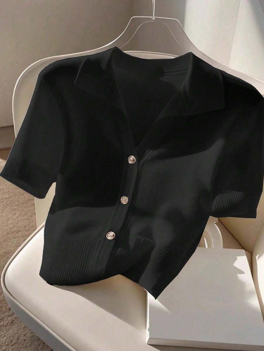 Franclia New Arrival Summer Gentle Korean Style Casual Commute Versatile Women Polo Collar Knit Top - Black - View 1