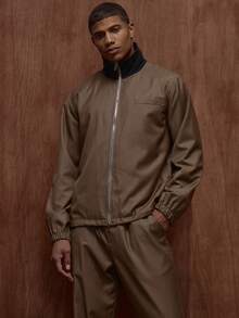 Musero Relaxed Fit Long Sleeve Premium Ribbed Stand Collar Bomber Jacket Front Welt Pocket Tracksuit Top Only Fall/Autumn Winter - Khaki - View 1