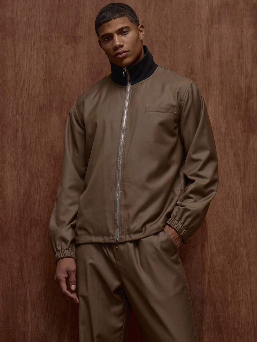 Musero Relaxed Fit Long Sleeve Premium Ribbed Stand Collar Bomber Jacket Front Welt Pocket Tracksuit Top Only Fall/Autumn Winter - Khaki - View 1