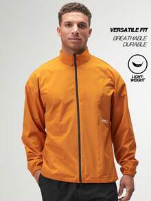 Men's Casual Loose Fit Orange Zip-Up Long Sleeve Jacket, Autumn - Orange - View 1