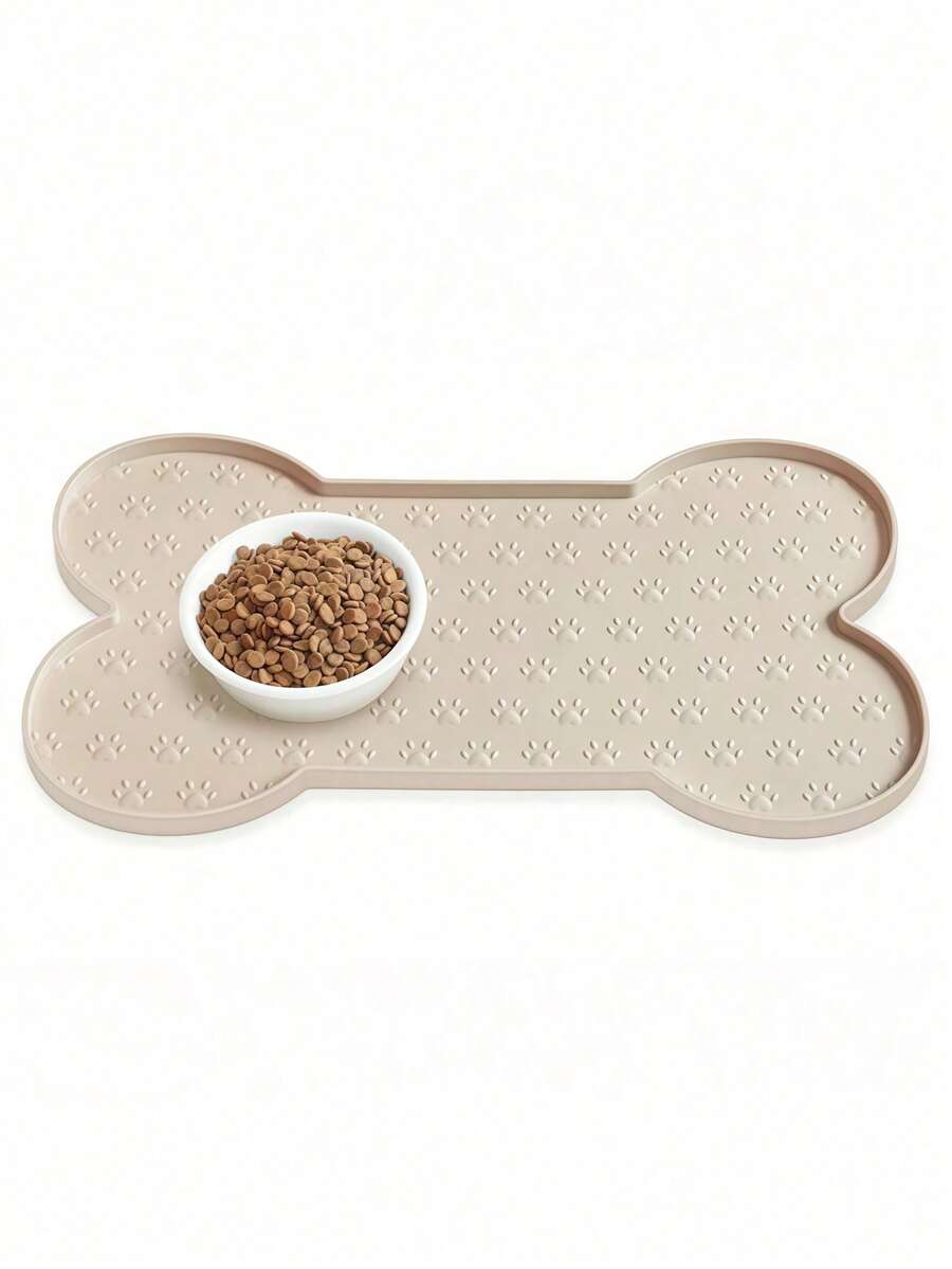 1 pieza Alfombrilla con forma de hueso y varias huellas para plato de comida de perro, alfombrilla antideslizante de silicona para cuenco de perro, alfombrilla para mascotas talla grande gruesa y resistente al agua con borde elevado, apta para perros y gatos pequeños y medianos