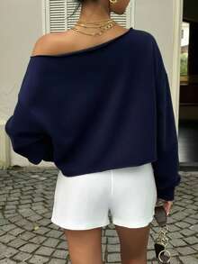 SHEIN EZwear Áo nỉ lửng hở vai màu xanh navy dành cho nữ, thể dục, khiêu vũ, thu/đông, áo chui đầu dày cổ tròn dài tay dáng rộng thường ngày - Màu xanh hải quân - Xem 2