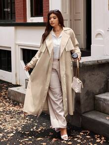 Vionelle 大码休闲纯色长款风衣 女款风衣 长款风衣 女士长款风衣 米色风衣 女款风衣 - 卡其色 - 查看 7