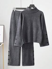 SHEIN Unity 女式简约甜美灰色宽松长袖针织套头衫，秋冬 - 灰色 - 查看 1