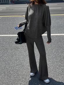 DAZY مجموعة ملابس علوية كنزة فضفاضة بأكمام خفاش وبنطلون واسع 2 قطعة، خريفية - رمادي - مشاهدة 1