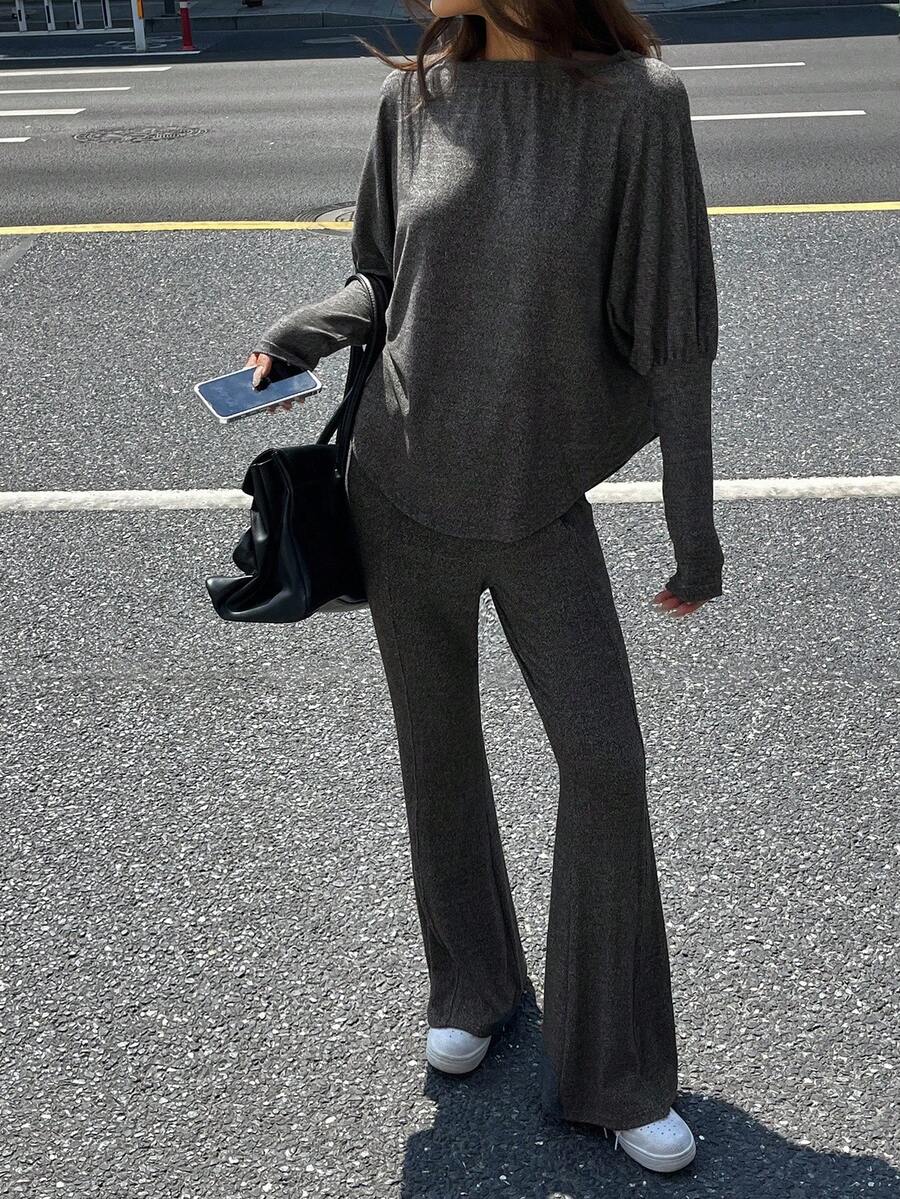 DAZY مجموعة ملابس علوية كنزة فضفاضة بأكمام خفاش وبنطلون واسع 2 قطعة، خريفية - رمادي - مشاهدة 1