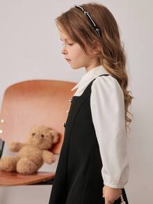 PrepCrw Young Girls' Preppy Style Color Block 2 In 1 Shirt Collar Long Sleeve Dress Fall Winter - Black and White - View 5