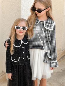 SHEIN Tween Girls Cute Houndstooth Collar Long Sleeve Short Jacket Top & White Mesh Skirt 2 Pieces Set, Comfortable Autumn/Winter Fall - Black - View 4