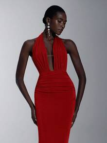 Elitara Elegant, Romantic, Sexy, Minimalist, Green, Knitted Fabric, Halter Neck, Cinched Waist, Mermaid Hem, Fashionable, Influencer Style, Holiday, Vacation, Birthday Party, Wedding Event, Bridesmaid Dress - Burgundy - View 5