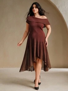 Anewsta Váy ôm vai lệch màu trơn viền bèo nhún cỡ lớn - Màu Tím - Xem 5