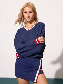 CourtClass CourtClass Damen Loose Sweatshirt, Farbblock gerippter V-Ausschnitt Langarm Dropped Shoulder, Lässig Sport Tennis Alltags Tragen, Herbst/Winter Athletisch Matching Set Tennis Kleid Langarm Athletisch Rock Sets Damen Tennis Rock Set - marineblau - Übersicht 4