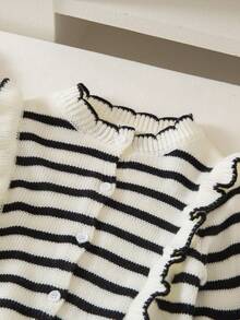 SHEIN Playful Pals Pearl Button Ruffle Trim Long Sleeve Cardigan & Striped Casual Elegant Versatile Pants Set Fall Winter