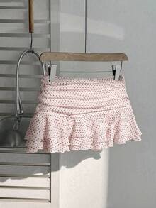 Elamini Fashionable Pleated Layered Decor Sweet Design Mini Skirt Charming Ruffled Polka Dot Vacation Style A-Line Skirt - Pink - View 7