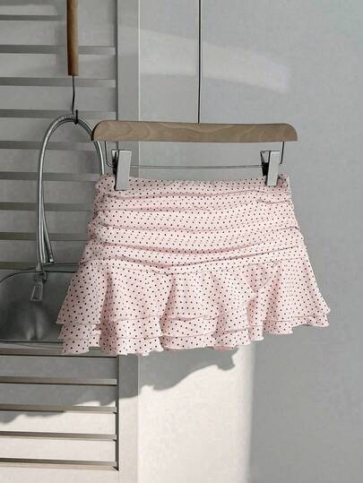 Flirla Falda mini con diseño dulce de decoración plisada y con volantes, estilo de vacaciones con lunares y silueta evasé