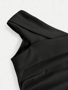 SHEIN Girlism Teen Girl Elegant Solid Color Off-Shoulder Ruffle Fitted High Slit Fishtail Hem Dress, Summer Elegant Dress Evening Wear Long Black Dress Classy Dress Black Dress Elegant Black Dresses Classy Elegant Fall Winter - Black - View 5