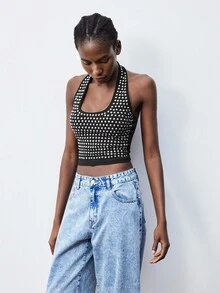 Maija 2025 Rivet Halter Neck Sleeveless Fashion Tank Top Studded Top Bling Top Rhinestone Tops, Polka Dot, Black Top , Black Corset, Party Outfit, Halloween Costumes, Nightmare Before Christmas, Halloween Costume, Autumn Outfits For Women, Sequin Top, Black Top, Beach Outfit For Women