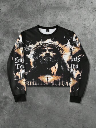 Street Life Men's Crew Neck Long Sleeve Casual Creative Jesus Pattern Pullover Sweatshirt, Fall