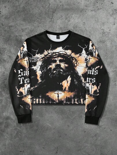 Street Life Men's Crew Neck Long Sleeve Casual Creative Jesus Pattern Pullover Sweatshirt, Fall