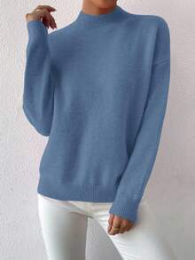 EMERY ROSE Minimalist Solid Color Long Sleeve Casual Loose Pullover Sweater For Women,Fall - Blue - View 3