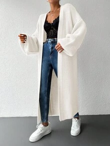 EURMUSE Ladies' Solid Color Drop-shoulder Cardigan Sweater - White - View 6