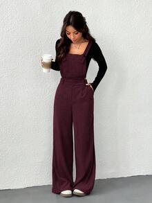 SHEIN EZwear 女式勃艮第酒红色简约休闲连体裤，秋季