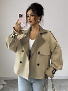 Selianne Women's Elegant Casual Commuter Khaki Patchwork Olive Green Lapel Double-Breasted Pocket Design Sleeve Decorative Short Loose Casual Jacket Windbreaker Fall Winter Cloth For Women - Khaki - View 6