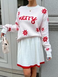 Chiquease Elegant Christmas Casual Loose Crew Neck Long Sleeve Knitted Snowflake Christmas Element Contrast Trim Pleated Midi Skirt Women Sweater Two Pieces Set, Autumn/Winter,Women's Winter Clothes,Christmas Women's Clothing,Going Out Outfit,Women's Set