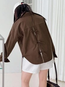 DAZY Tween Girls Casual Shirt With Backside Cutout And Bow Design, Versatile And Fashionable For Everyday Wear Long Sleeve Tops Girl - Brown - View 5