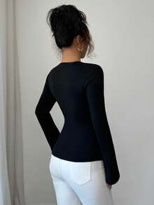Selianne Áo thun nữ dáng ôm khoét lỗ màu trơn thanh lịch dành cho người đi làm - màu đen - Xem 2