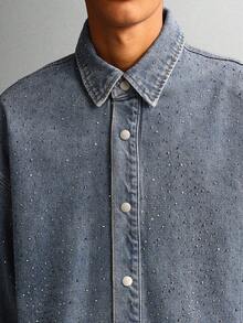 SUMWON Chaqueta vaquera de tela con lavado claro, sobredimensionada, con botones, de longitud corta, con aplicaciones de lentejuelas, de , de uso casual - Azul - Ver 4