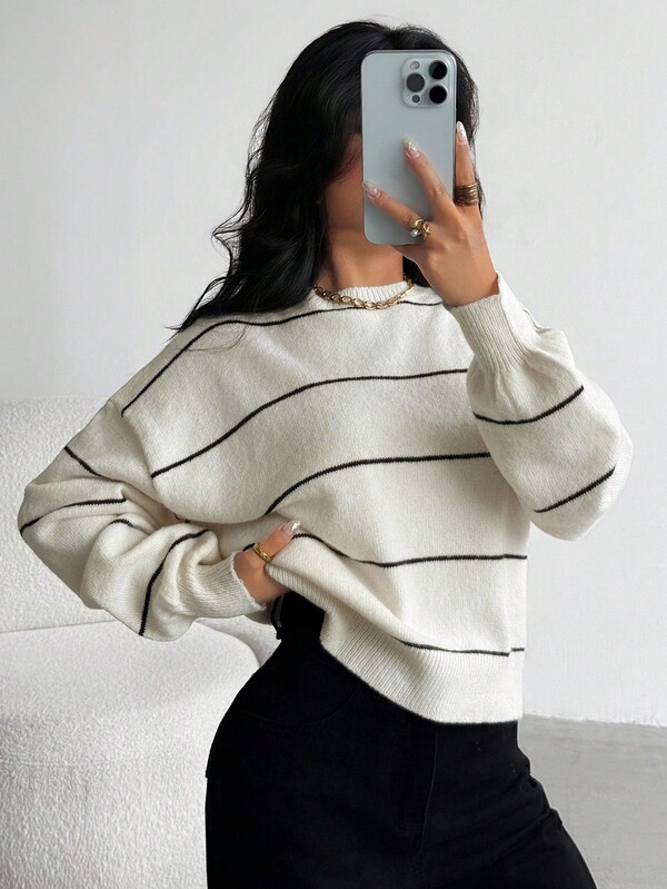 SHEIN Winter Clothes Loose Casual Striped Pullover Sweater For Teen Girls, Comfortable & Versatile, Thick & Warm For Autumn/Winter Sweater Girl Knit Sweater Sweaters Teen