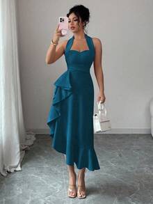 Elenzga 万圣节无袖露背腰荷叶边下摆优雅浪漫女式连衣裙 - 水鴨藍 - 查看 6