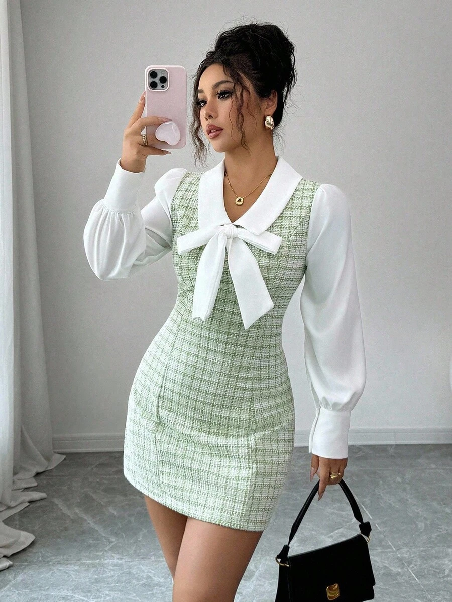 Elenzga Váy nữ 2 trong 1 họa tiết nơ chắp vá màu tương phản lãng mạn thanh lịch - Nhiều màu - Xem 1