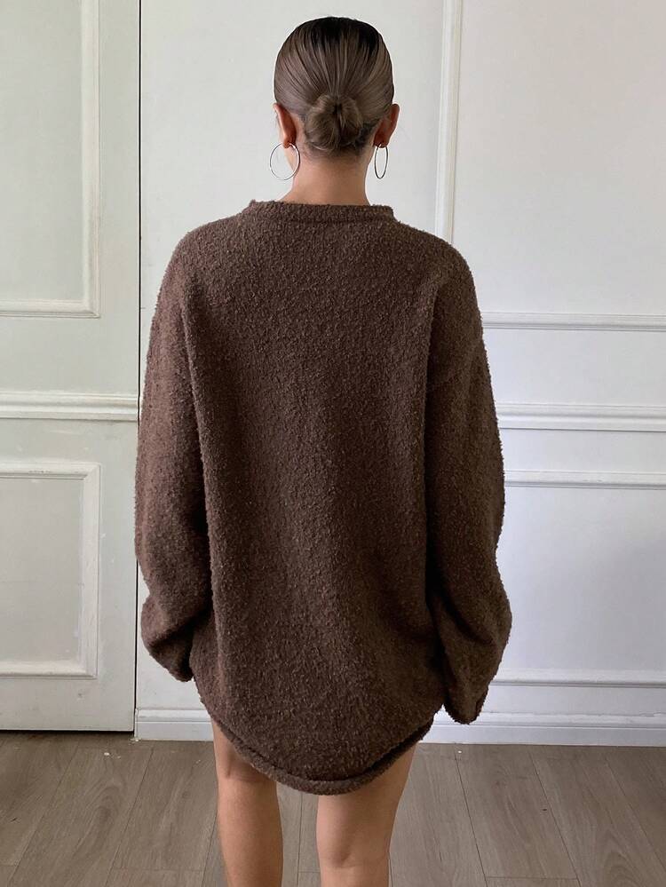 Women's Loose Casual Solid Color Crew Neck Brown Sweater, Autumn/Winter